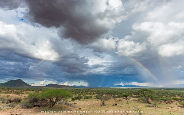 Double rainbow over Samburu landscape during wet season with dramatic storm clouds
